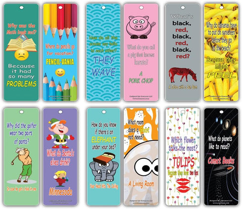 Fun Bookmarks for Kids, 12 Pack Silly Jokes Series 1, Excellent Party Favors and Classroom Reading Rewards