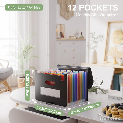 ThinkTex Accordion File Organizer, 12-Pocket Expanding File Folders for Paper Receipts, Bills & Taxes Organizer