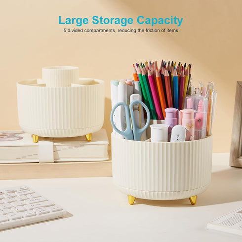 Desk Pencil Pen Holder, 5 Slots 360 Degree Rotating Organizer for Stationery Supplies (Cream Yellow)