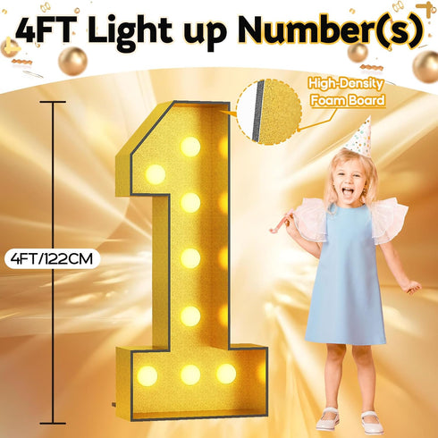 1, 4FT, 1st 21st 4 Light Up Number Marquee Light Up Numbers Gold Large Led Numbers Lights for First Birthday, Feet Tall