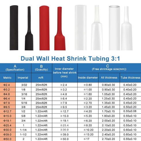 XHF 1-1/4 Inch (30mm) 3:1 Waterproof Heat Shrink Tubing Marine Grade Wire Cable Adhesive Lined Tube Insulation Seal