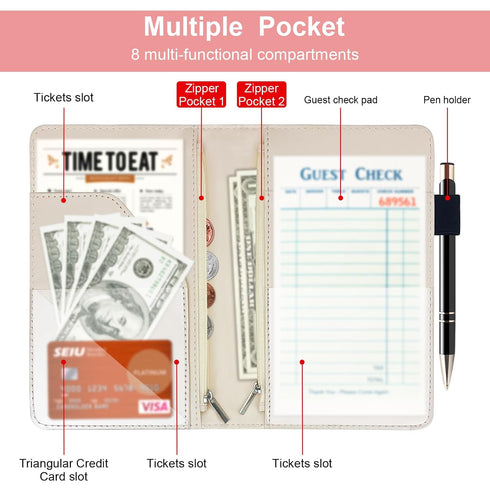 Server Book, Waitress Book, Leather Server Book Organizer with Double Zippered Pocket and Pen Holder, Cash Check Bill