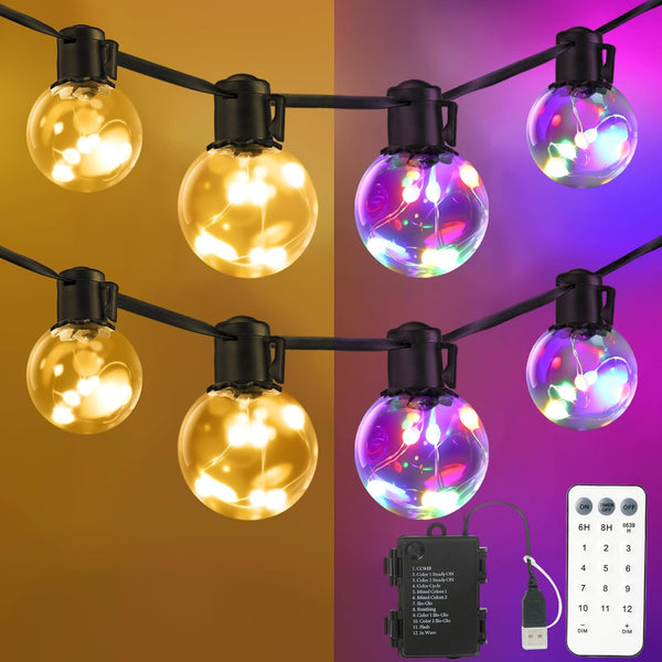 Outdoor String Lights Battery Powered, 22ft 20 G40 Warm White & Multicolor