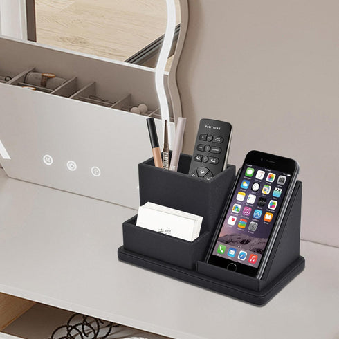 Black Pu Leather Desk Pen/Pencil Organizer with 3 Compartments, Multi-Function Storage Box for Office Supplies