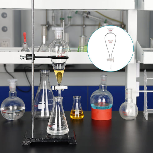 StonyLab Borosilicate Glass 500 ml Heavy Wall Conical Separatory Funnel with 24/29 Joints and PTFE Stopcock