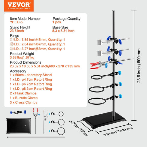 VEVOR Lab Stand Support Set, Steel Lab Stand 23.6" Rod with 8.3" x 5.7" Cast Iron Base
