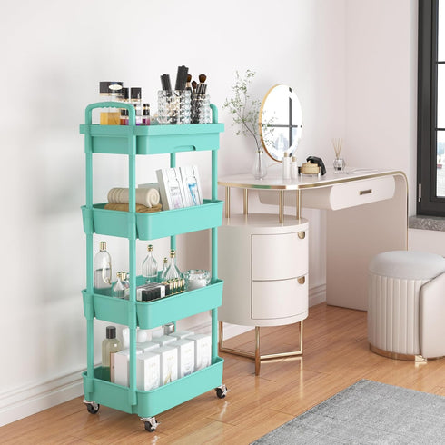 Calmootey 4-Tier Rolling Utility Cart with Drawer, Multifunctional Storage Organizer with Plastic Shelf & Metal Wheel,