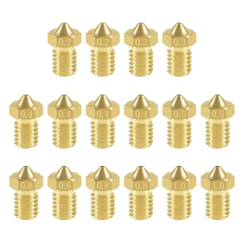 Aokin 16 Pcs 3D Printer Brass Nozzles - Extruder Nozzles for E3D V5 V6, 0.2mm to 1.0mm for 1.75mm Filament