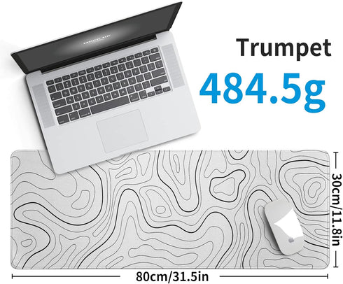 White Big Mousepad for Gaming, Large Topographic Map Washable Desk Pad, Office Supplies and Decor, 31.5''x11.8''
