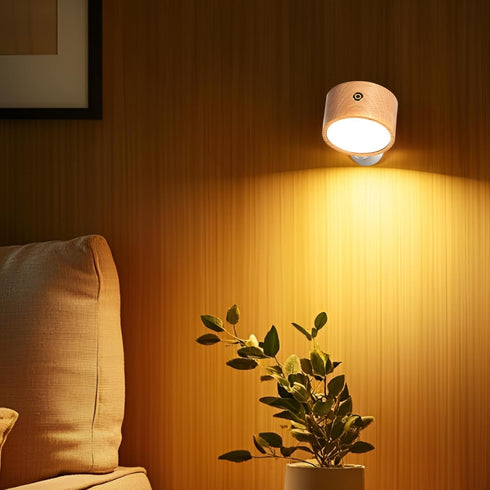 moiandtoi Set 360 Dimmable Rechargeable Wall Lights Battery Operated, Battery Wall Sconces of Two for Bedroom, Wood