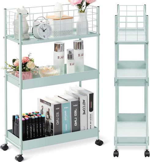 KINGRACK 3-Tier Rolling Utility Cart with Wheels, Metal Slim Storage Organizer for Kitchen, Office, Bathroom, Mint Green