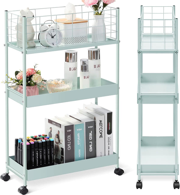 KINGRACK 3-Tier Rolling Utility Cart with Wheels, Metal Slim Storage Organizer for Kitchen, Office, Bathroom, Mint Green