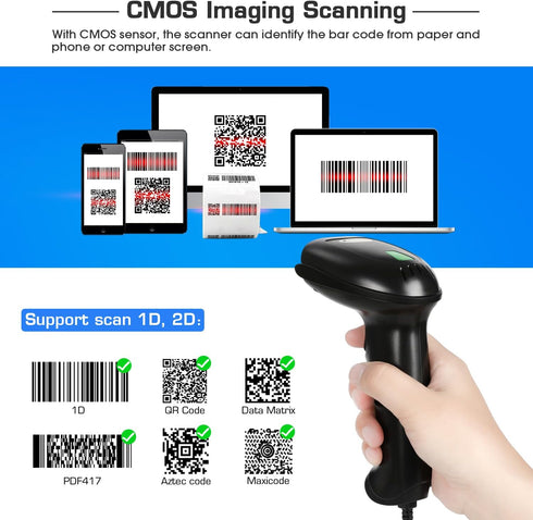 WoneNice 2D QR/PDF417/Data USB Barcode Scanner Handheld Wired Matrix Reader for POS, Retail, Warehouse & Mobile Payment