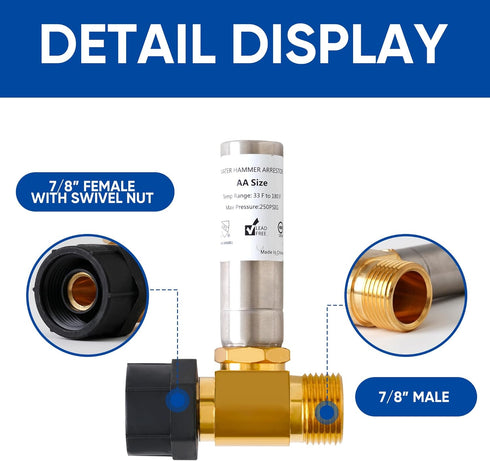Stainless Steel Water Hammer Arrestor, 7/8 Inch Male and Female, Reduce Banging Noise in Pipes and Toilets