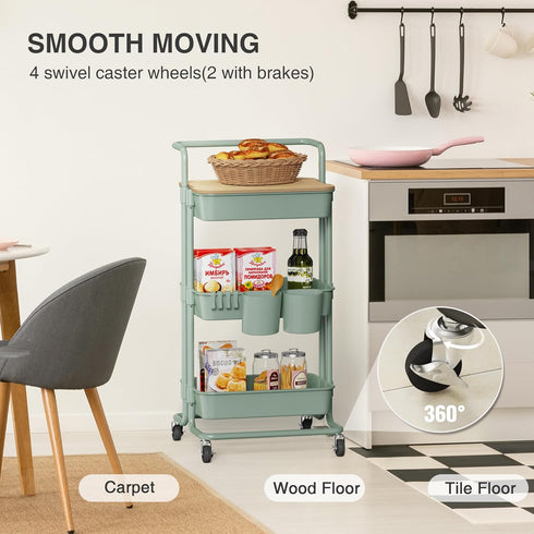 DTK 3 Tier Utility Rolling Cart with Cover Board, Turquoise, Rolling Storage Cart with Locking Wheels, 2 Small Baskets