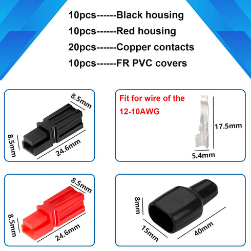 smseace 10Pairs 45Amp Power Connectors 4-6mm² (10-12AWG) Quick Connect/Disconnect Power Pole connectors for Forklift/Golf cart/Charger System/Lawn Mower Battery Connector Modular Power Connector