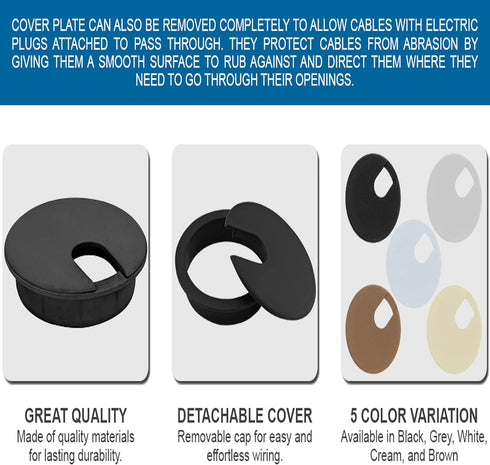 5 Pack Rok Hardware 3" (76mm) Black Round Computer Desk Table Port Wire Cable Organizer Hole Cover Grommet