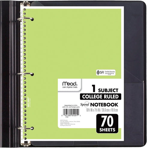 Mead Spiral Notebooks, 6 Pack, 1-Subject, College Ruled Paper, 8" x 10-1/2", 70 Sheets, Assorted Pastel Colors