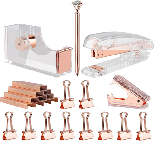 KIDMEN Rosegold Desk Accessory Kit, Set of Stapler, Staple Remover, 1000 Staples, Tape Dispenser, Clips