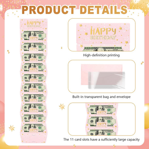 Pink Birthday Money Envelope for Cash Gift Holder with Greeting Card for Girl Women Surprise Gift Idea with Clear