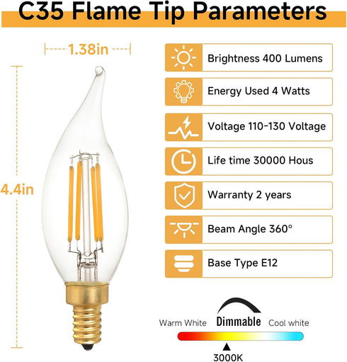 CA11/C35 Bulbs, E12 Dimmable, 40W (4W), 3000K 6 Pack LED Chandelier Base, Equivalent Soft White, Flame Tip