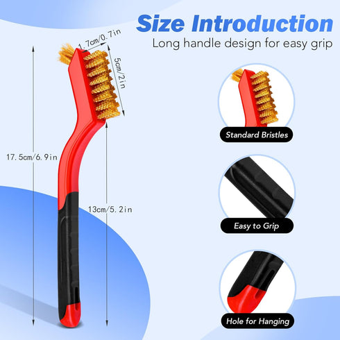 Wire Brush Set, 6 Pcs Brass, Stainless Steel, Nylon Brushes for Cleaning, Curved Handle for Rust Removal