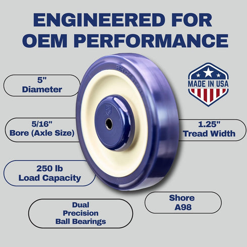 WC2054LD 5" 1.25" 5/16" 250 lb Universal Replacement Shopping Cart Wheel OEM P&H x Blue/Tan TPU Crown Tread, Dual