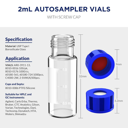 2mL Autosampler Vials, 9-425 HPLC Vials with Writing Area, Screw Cap, 100 Pcs