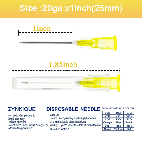 100Pack 20 1 Inch Gauge Needle, Disposable Luer Lock Individually Sealed Wrapped, Labs Tools Accessories