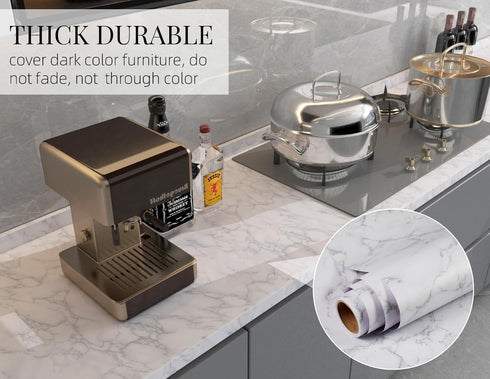 15.8"x118" White Marble Wallpaper - Self Adhesive Contact Paper for Kitchen Cabinets and Bathroom Refurbishment