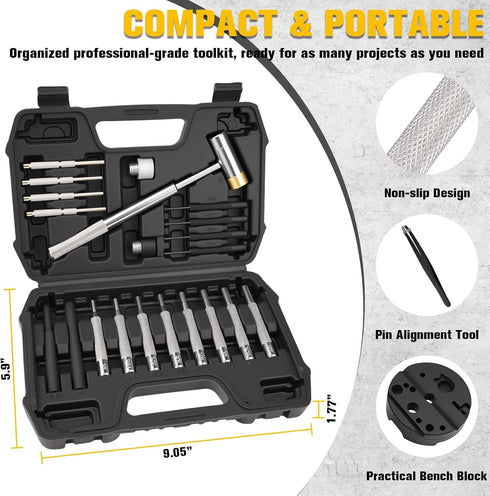 23PCS Set, Set Hammer Set Beaiguna Punch Upgraded Roll Pin Punch Mechanic Tools, Punch and with Bench Block, Steel