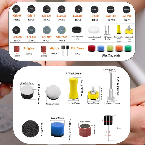 279PCS 1Inch Accessories,60-10000 Sanding Discs and Drum for Dremel Tool Grit Hook and Loop Sandpaper for Polishing