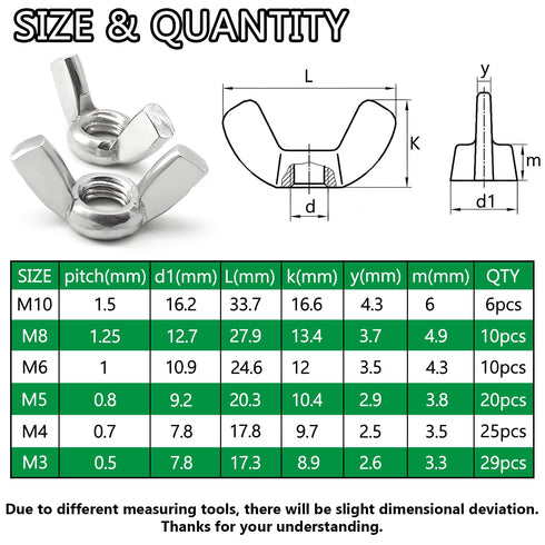 Aienxn 100PCS 304 M3, M4, M5, M6, M8, M10, Metric Sizes Wing Nuts Assortment Kit, Stainless Steel Parts Butterfly Wing