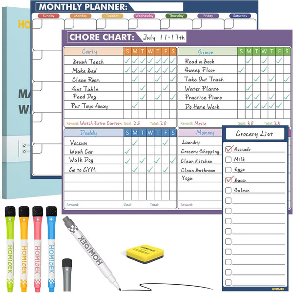 Magnetic Whiteboard Calendar for Fridge, Dry Erase Family Chore Chart with Grocery List, Markers, Eraser