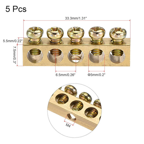 MECCANIXITY Terminal Ground Bar Screw Block Barrier Brass 5 Positions for Electrical Distribution, 5 Pcs