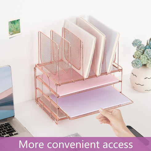 Desk Organizers and Accessories, 3-Tier Paper Organizer with 5 Vertical File Holders, Rose Gold, Desk Accessories