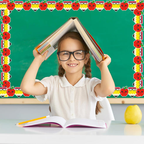 FYSUIMU Back to School Bulletin Board Border Cartoon Pencil Apples Die Cut Trim Border Roll for Classroom Chalkboard