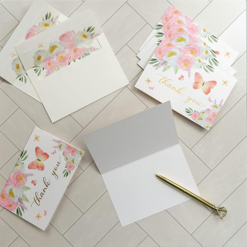 4x6 20-Pack) Gooji Butterfly Pink Floral Thank You Cards with Envelopes (Bulk Matching Peel-and-Seal Envelopes
