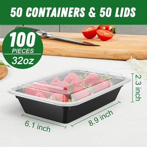 50 Pack (100-Piece) 32 oz Meal Prep Containers, Reusable with Lids, Sturdy Leakproof & Food Safe, Microwave &