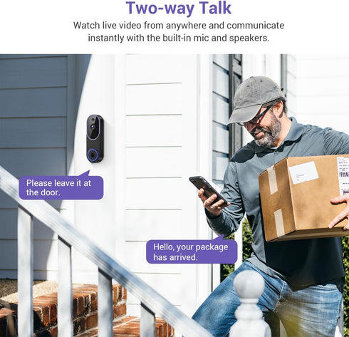 ElioVana 720P 2-Way 2.4GHz Indoor/Outdoor Battery Powered Smart Doorbell Security Camera, Night Vision, Motion