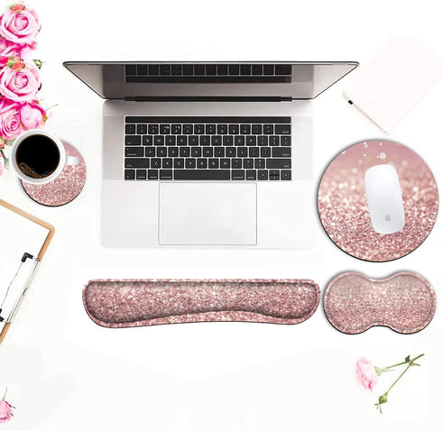 Ergonomic Mouse Pad with Wrist Support Set and Keyboard Wrist Rest for Laptop, Mac, Gaming, Office, Pink Glitter