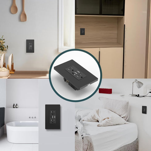 Black USB C Wall Outlet, 30W 6.0Amp High Charging Outlet with 3 USB Ports, 15A Tamper-Resistant Receptacle