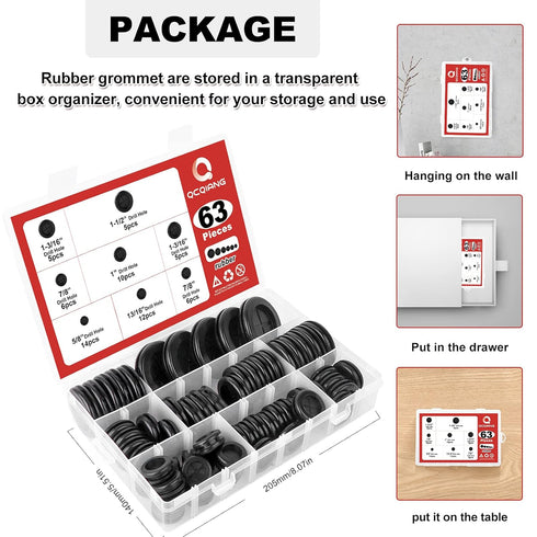 63Pcs Rubber Grommet Kit – Drill Hole Firewall Hole Plugs for Wire Protection, 6 Sizes 5/8" 13/16" 7/8" 1" 1-3/16"