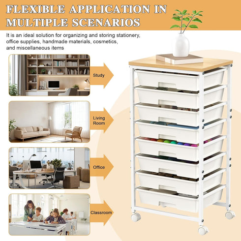 Shulemin 8-Drawer Drawer Organizer, Rolling Storage Cart with Wooden Tabletop & Lockable Wheels Mobile Craft Cart