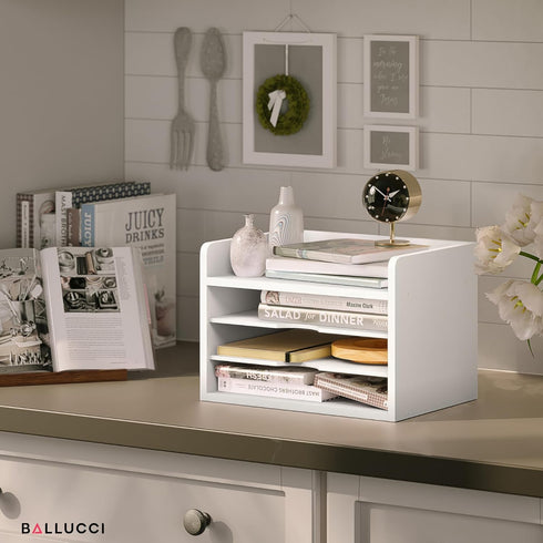 Ballucci 4-Tier File Organizer, Open Top Wood Paper Organizer for Classroom, Desktop Mail Sorter, White