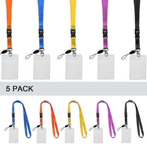 YOUOWO 5 Pack Neck Detachable Buckle Hook Breakaway Lanyards with Clear Vertical Badge Holder for Office Keys