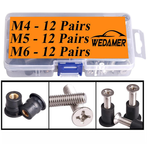 36 Pairs M4 M5 M6 Neoprene Well Nuts with Stainless Steel Screw, Rubber Well Nuts Kit for Kayak and Marine Accessories