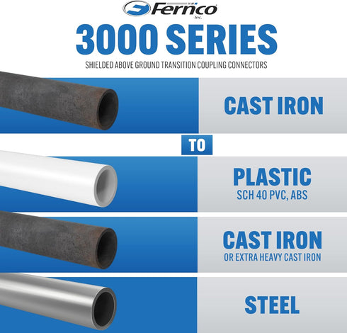 Fernco Proflex P3000-22 Shielded Pipe Coupling for Plumbing Connections, Cast Iron, Plastic, Steel