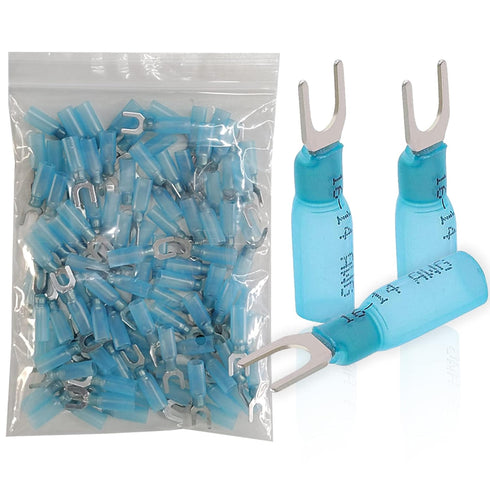 100pcs 16-14 AWG Marine Grade Heat Shrink Fork Connectors, Tinned Copper Heat Shrink Fork Terminals