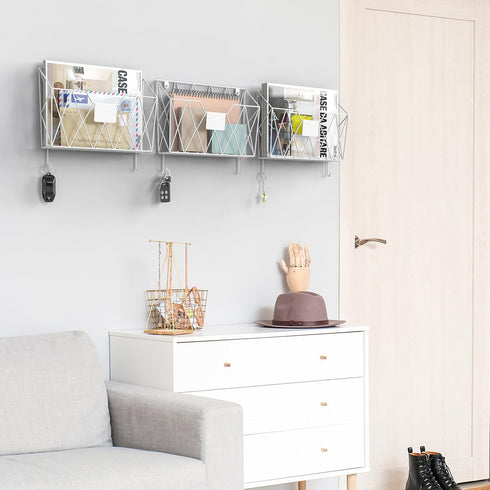 YBING Wall Mounted File Organizer, White 6 Pockets Mesh Hanging Holder for Office Papers with Hooks